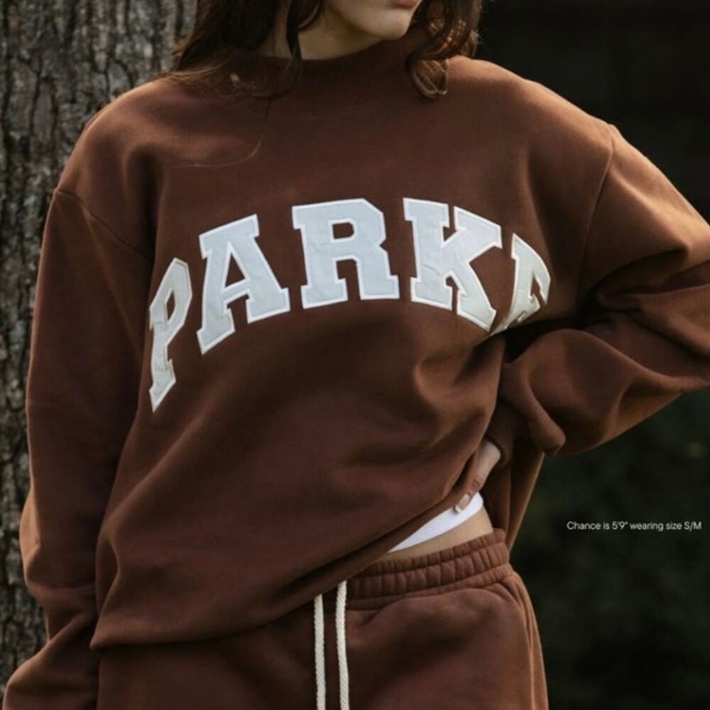 NEW Parke Varsity Mockneck Sweatshirt Brown Oversized Fleece Cozy Lounge Viral - Picture 2 of 16